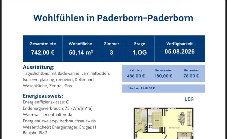 Etagenwohnung Paderborn Univiertel - 3 Zimmer, 50 m&sup2;, 486&euro; | Angebot:26456150