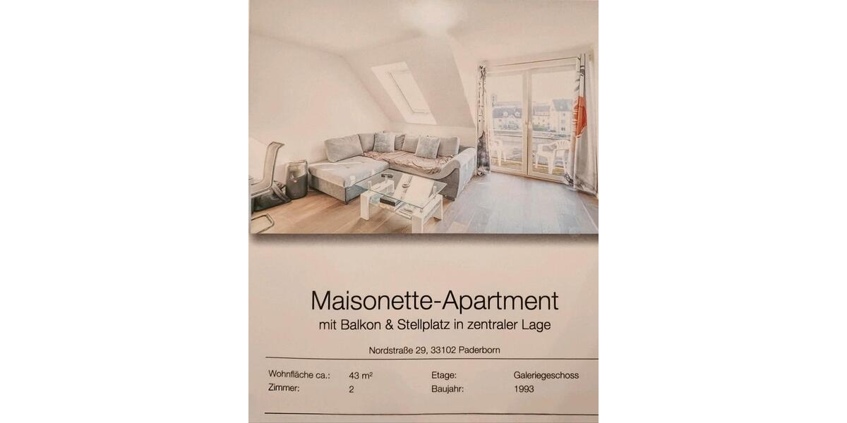 Maisonettenwohnung Paderborn - 2 Zimmer, 43 m&sup2;, 650&euro; | Angebot:27603297