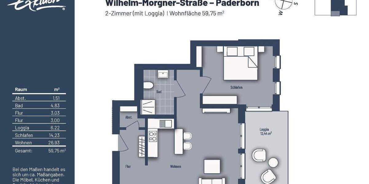 Etagenwohnung Paderborn Kernstadt - 2 Zimmer, 59 m&sup2;, 269.000&euro; | Angebot:25690460